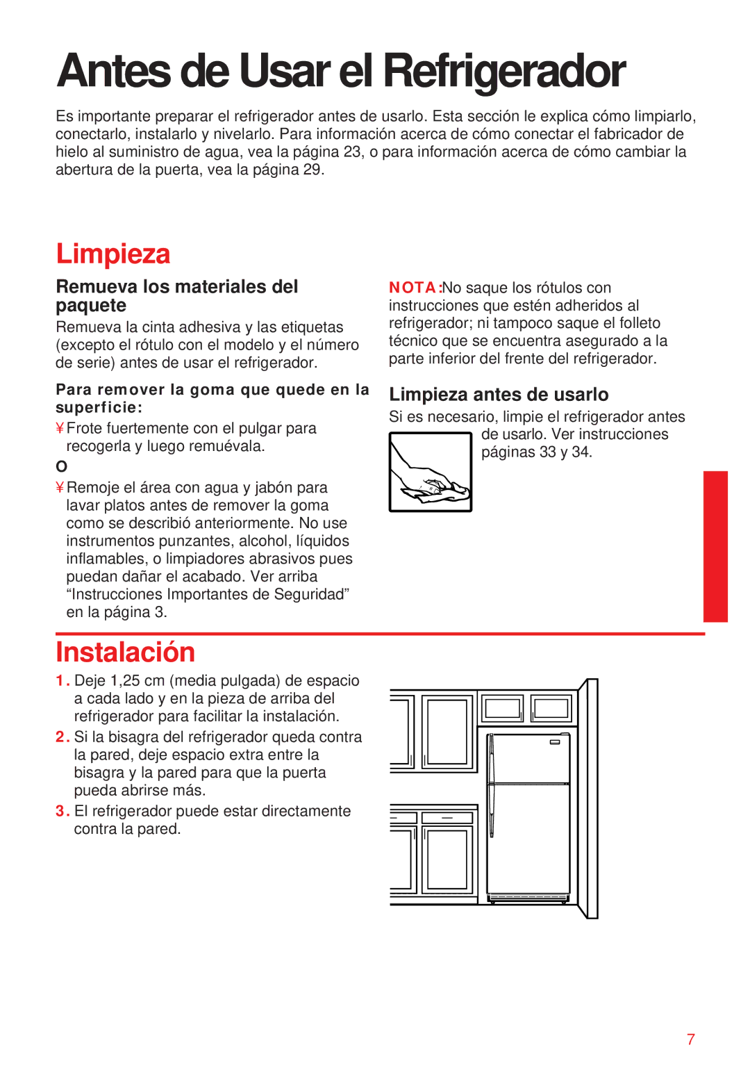 Whirlpool 2195258 manual Antes de Usar el Refrigerador, Limpieza, Instalación, Remueva los materiales del paquete 