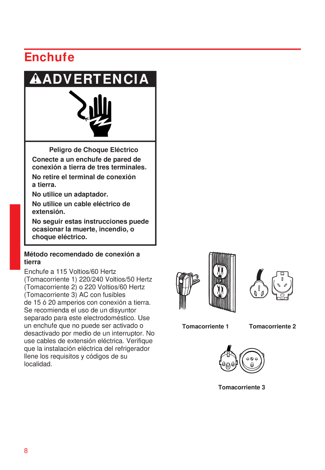 Whirlpool 2195258 manual Enchufe, Peligro de Choque Eléctrico 