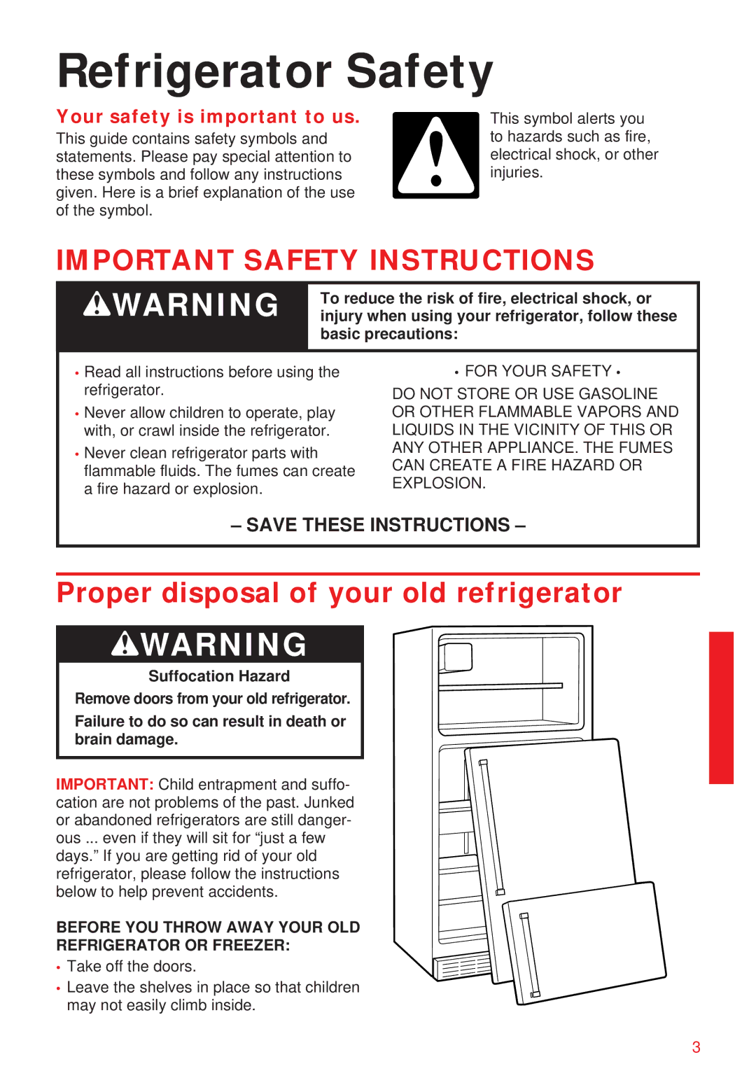 Whirlpool 2195258 manual Refrigerator Safety, Proper disposal of your old refrigerator 