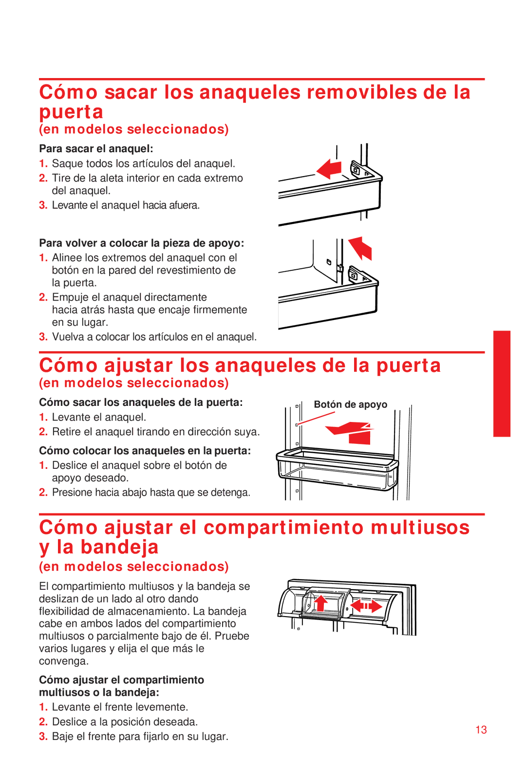 Whirlpool 2195258 manual Cómo sacar los anaqueles removibles de la puerta, Cómo ajustar los anaqueles de la puerta 