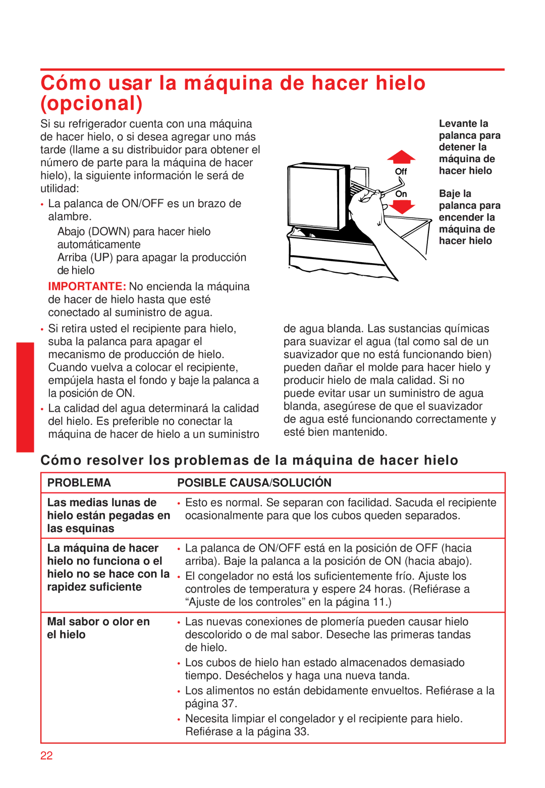 Whirlpool 2195258 Cómo usar la máquina de hacer hielo opcional, Cómo resolver los problemas de la máquina de hacer hielo 