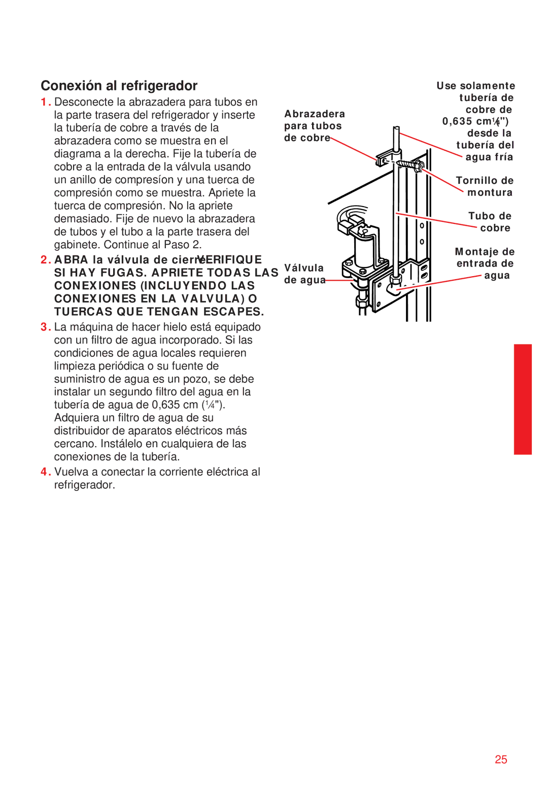 Whirlpool 2195258 manual Conexión al refrigerador 