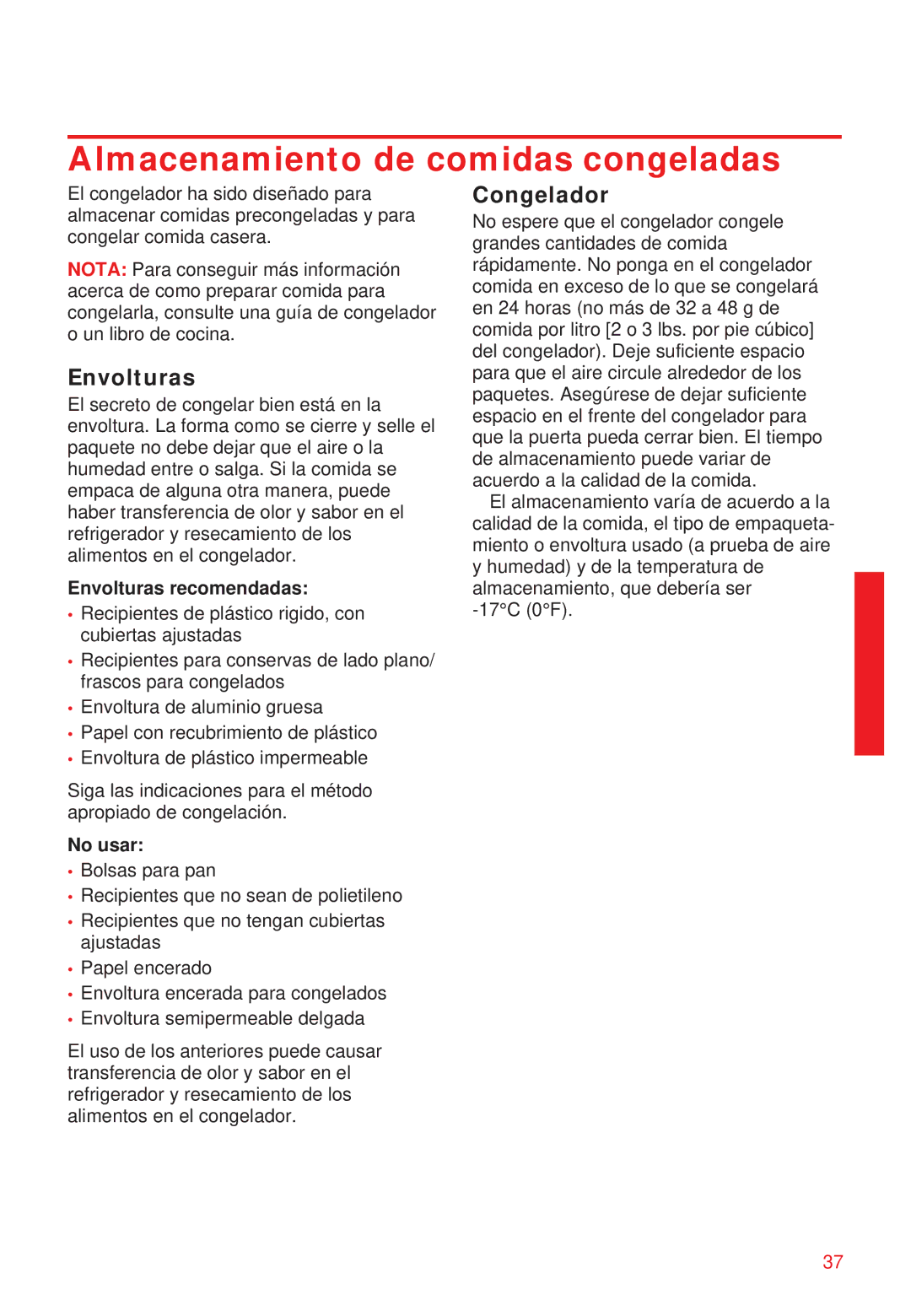 Whirlpool 2195258 manual Almacenamiento de comidas congeladas, Congelador, Envolturas recomendadas, No usar 