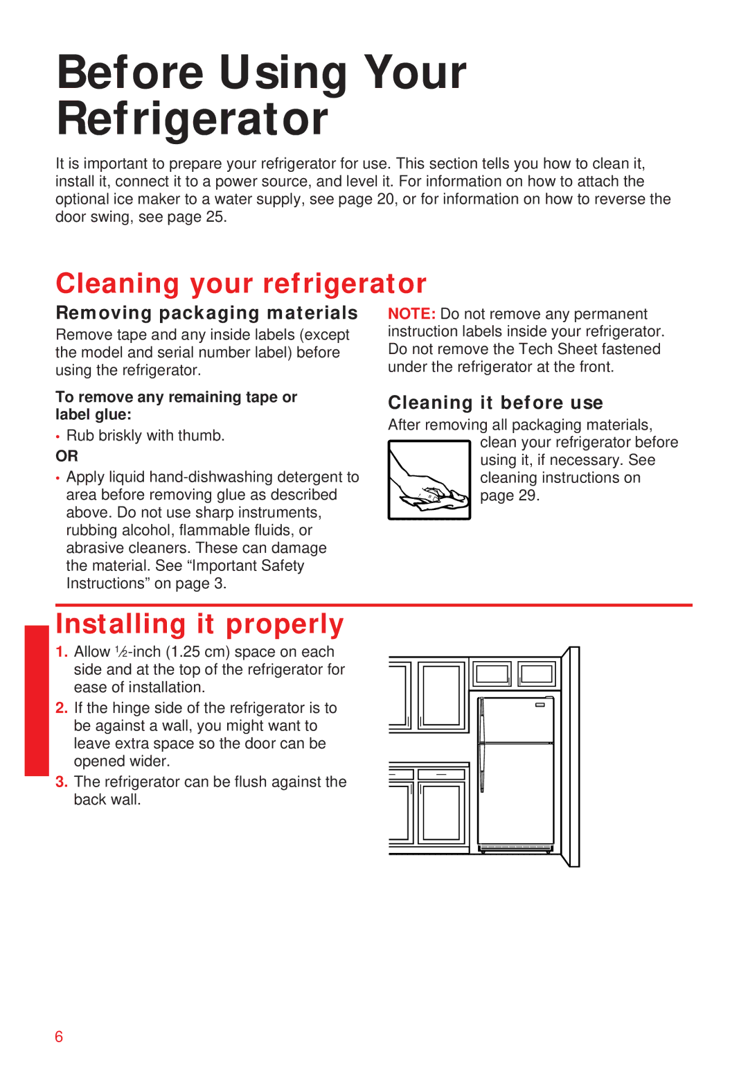 Whirlpool 2195258 manual Before Using Your Refrigerator, Cleaning your refrigerator, Installing it properly 