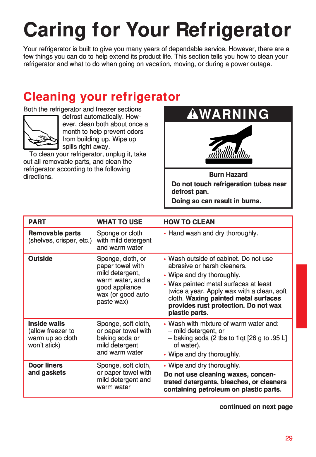Whirlpool 2195258 Caring for Your Refrigerator, Burn Hazard, Do not touch refrigeration tubes near, defrost pan, Part 