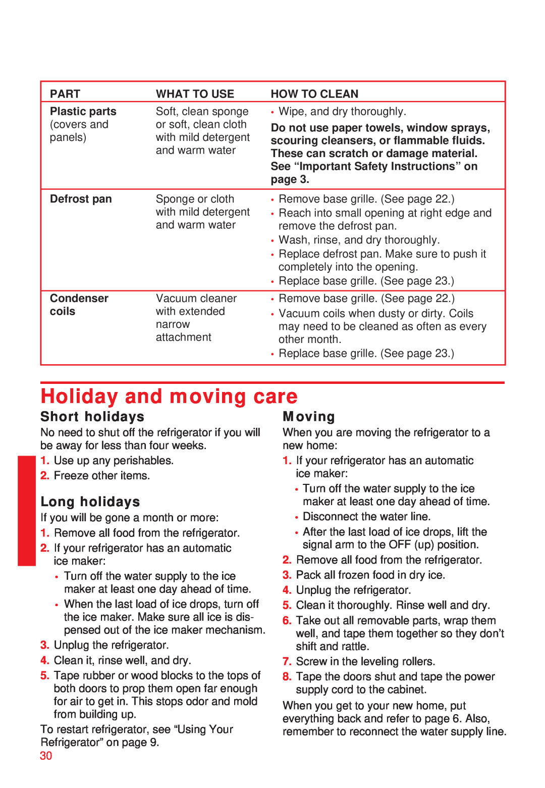 Whirlpool 2195258 Holiday and moving care, Short holidays, Long holidays, Moving, Plastic parts, page, Defrost pan, coils 