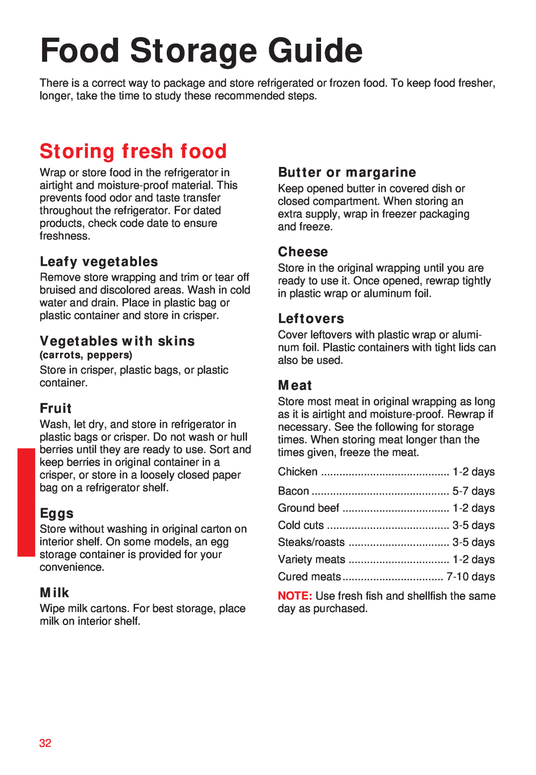 Whirlpool 2195258 Food Storage Guide, Storing fresh food, Butter or margarine, Leafy vegetables, Vegetables with skins 
