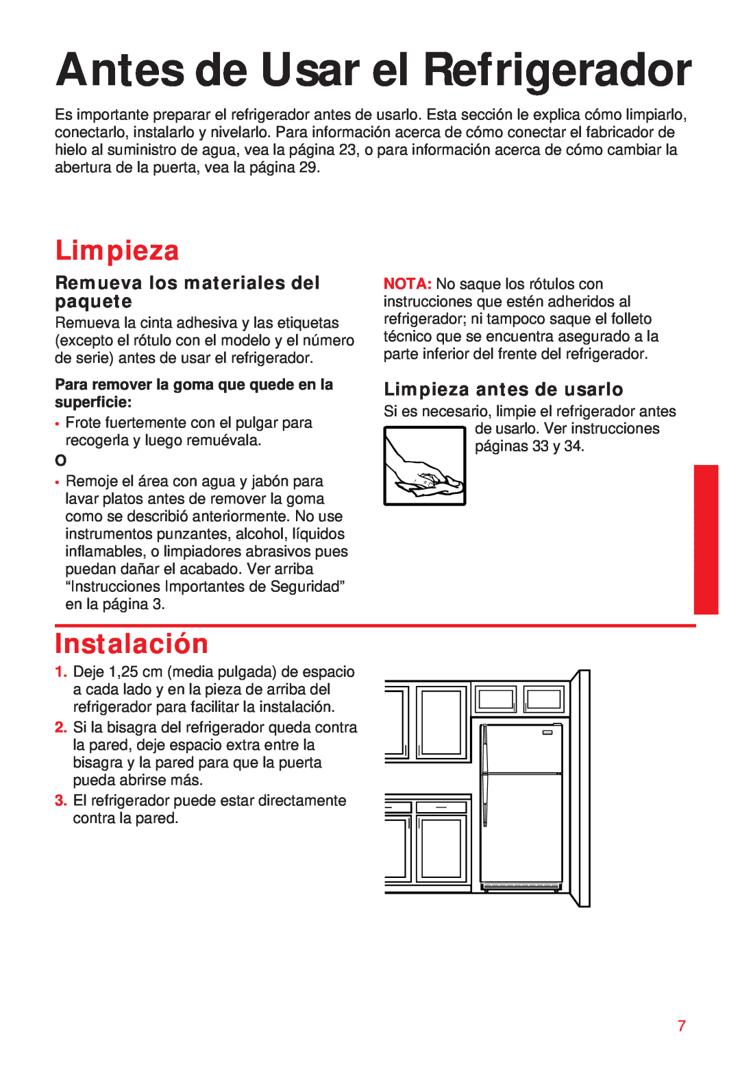 Whirlpool 2195258 manual Antes de Usar el Refrigerador, Limpieza, Instalación, Remueva los materiales del paquete 