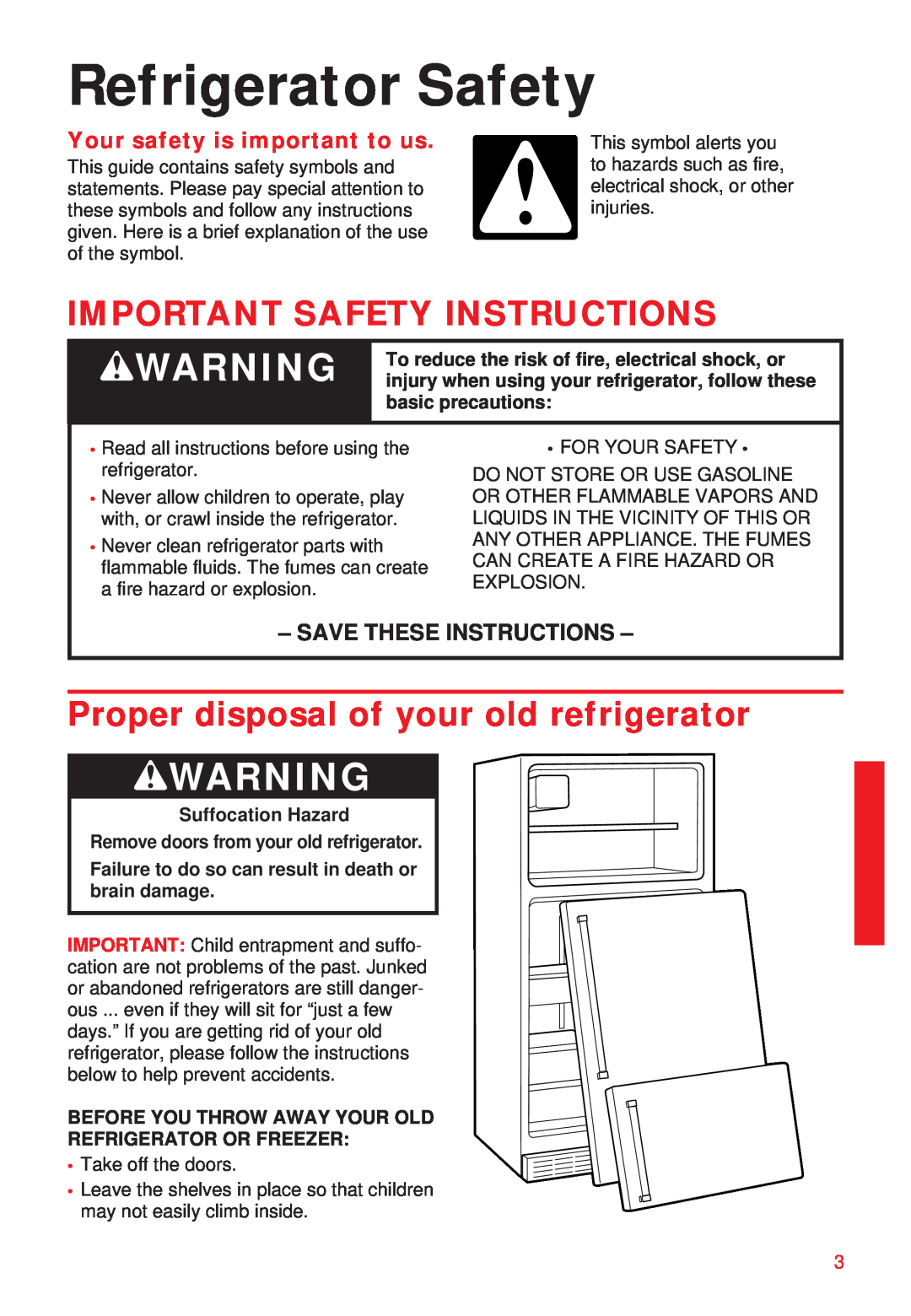 Whirlpool 2195258 Refrigerator Safety, wWARNING, Important Safety Instructions, Proper disposal of your old refrigerator 