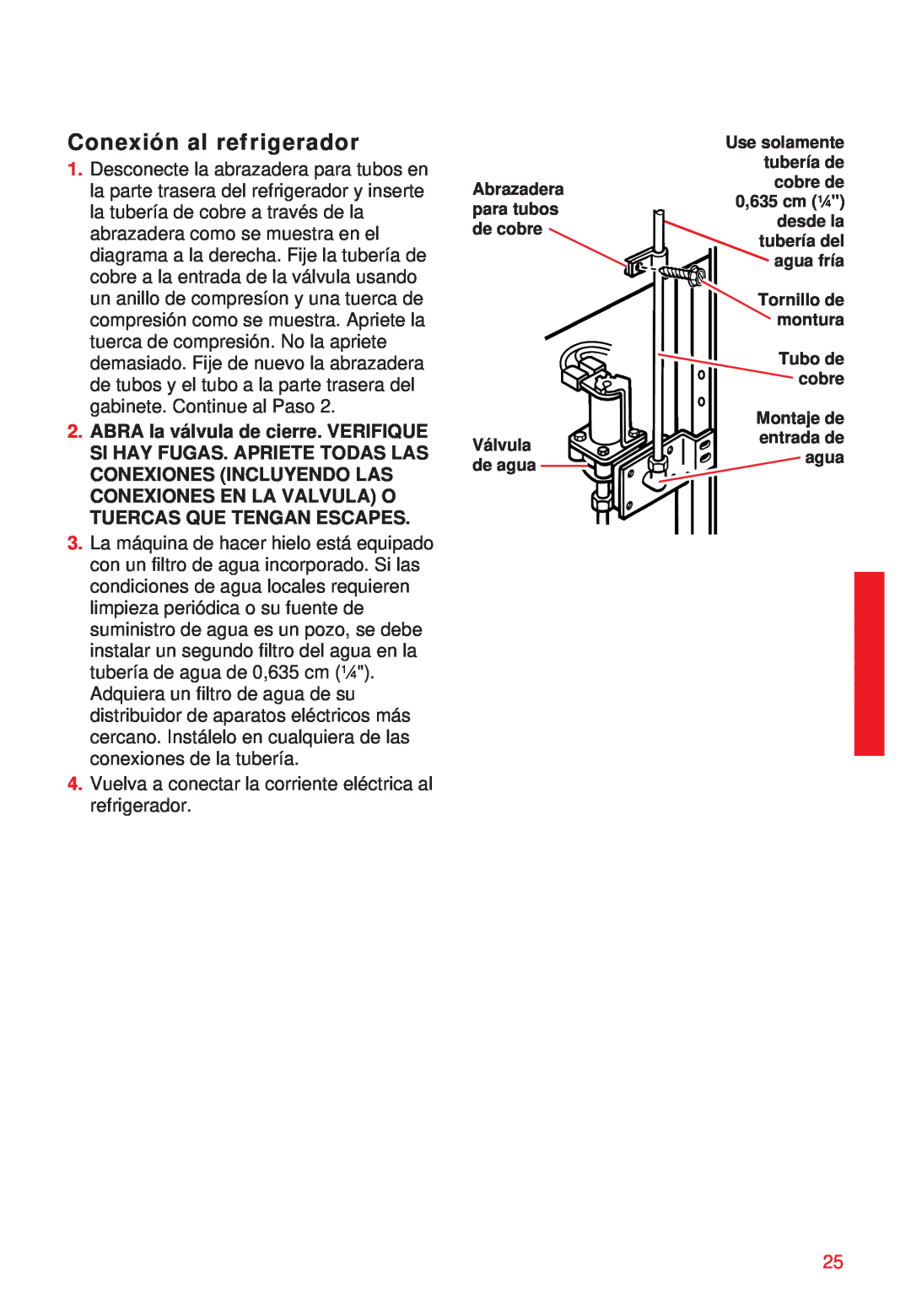 Whirlpool 2195258 manual Conexión al refrigerador 