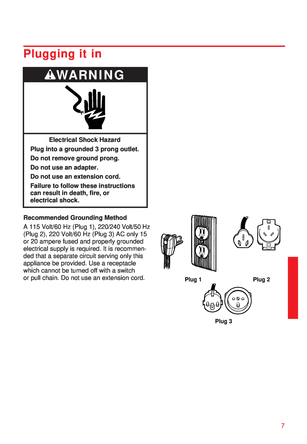 Whirlpool 2195258 manual Plugging it in, Electrical Shock Hazard Plug into a grounded 3 prong outlet, wWARNING 
