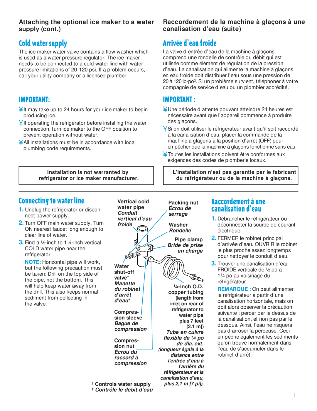 Whirlpool 2195385 manual Cold water supply, ArrivŽe dÕeau froide 