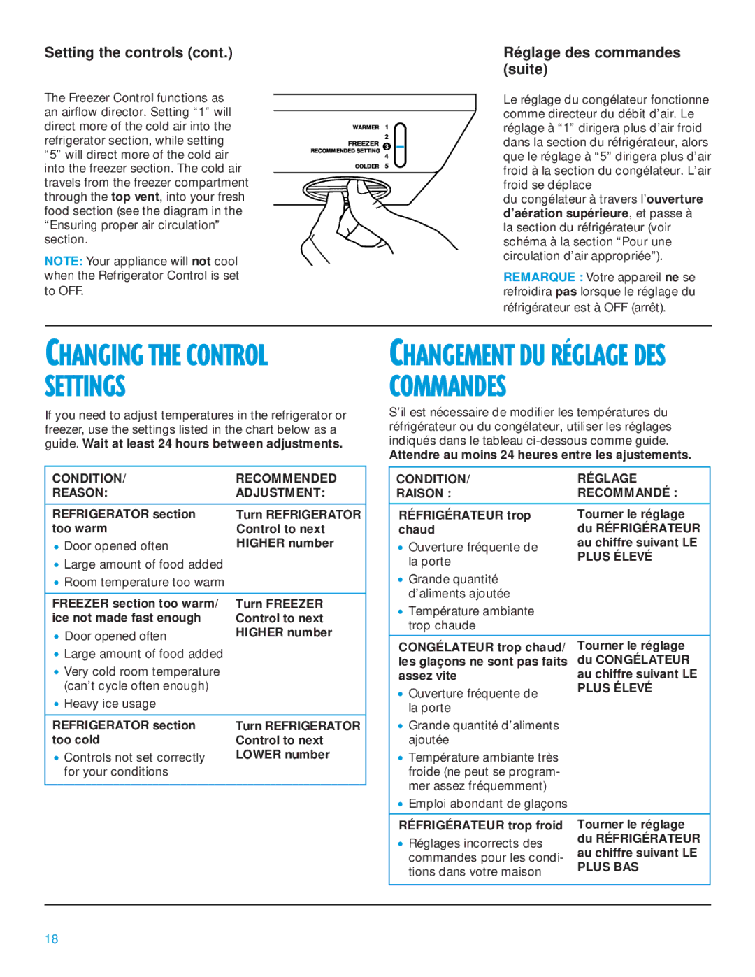 Whirlpool 2195385 manual Settings, Setting the controls, Réglage des commandes suite 