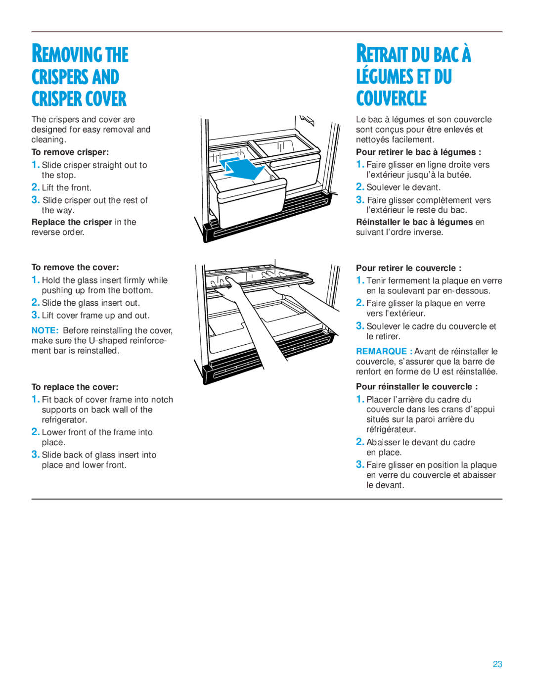 Whirlpool 2195385 manual Removing Crispers Crisper Cover, To remove crisper, Pour retirer le bac à légumes 