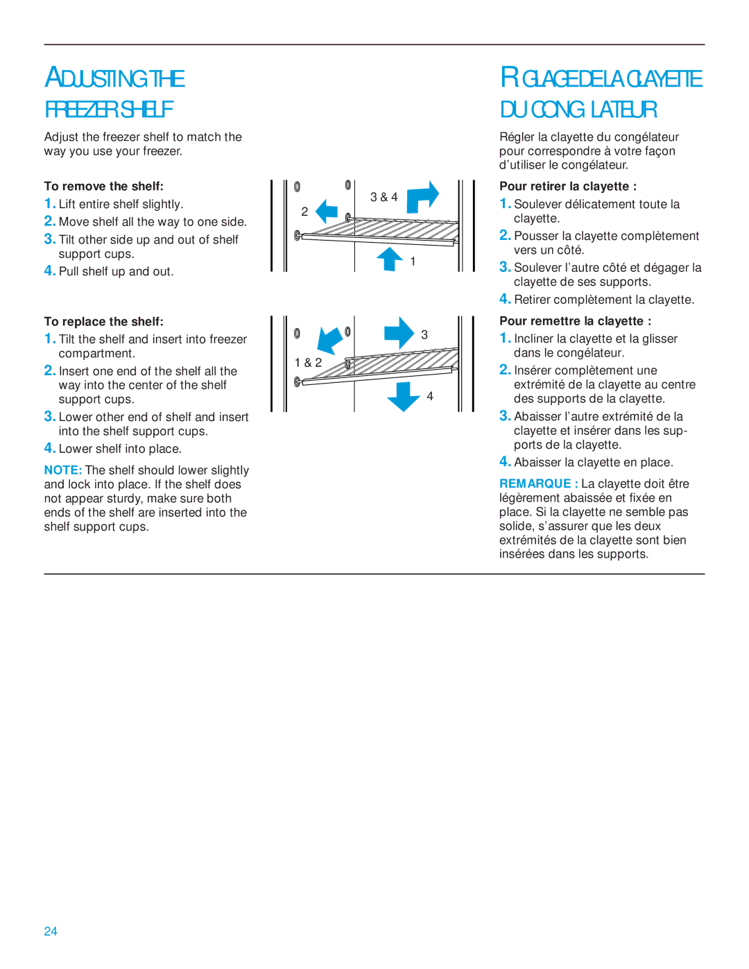 Whirlpool 2195385 manual To remove the shelf, To replace the shelf, Pour retirer la clayette, Pour remettre la clayette 