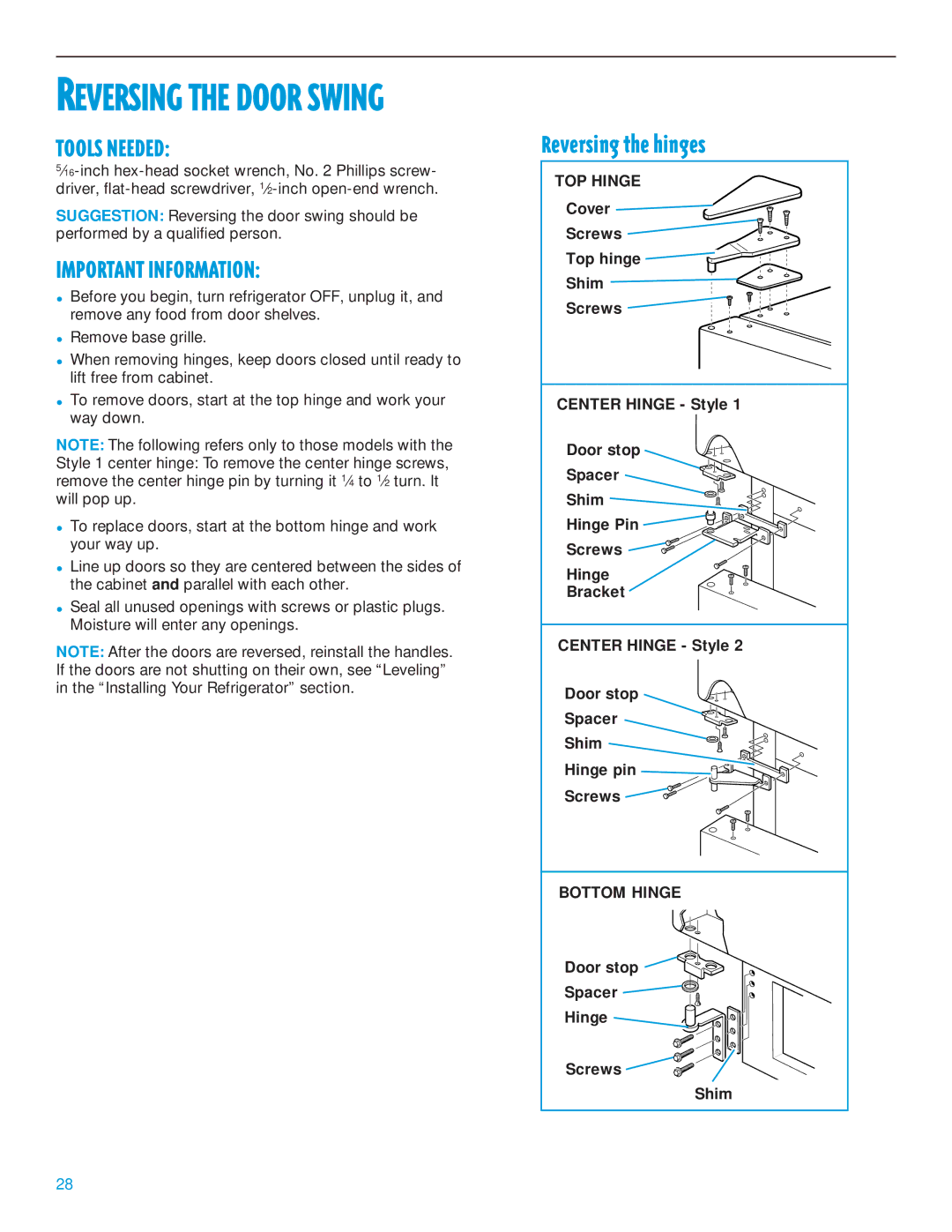 Whirlpool 2195385 manual Reversing the hinges, Bottom Hinge, Door stop Spacer Hinge Screws Shim 