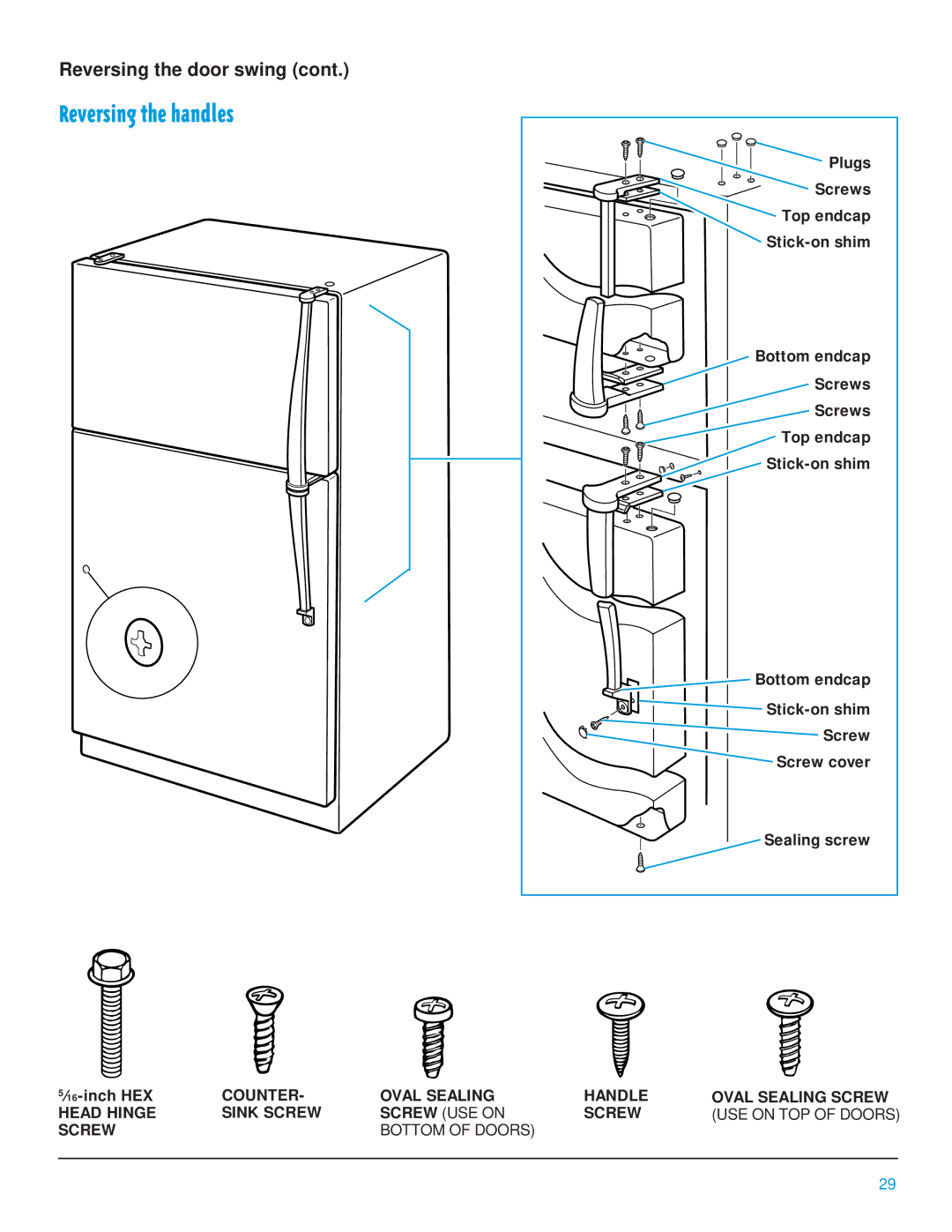 Whirlpool 2195385 manual Reversing the handles, Reversing the door swing 