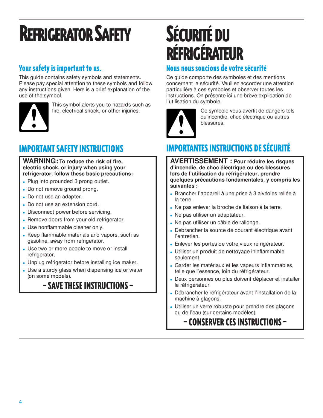 Whirlpool 2195385 manual Refrigerator Safety, Your safety is important to us 