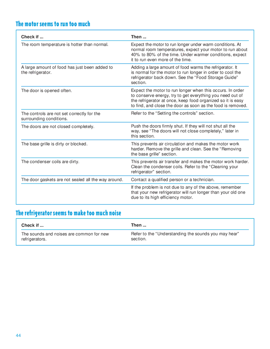 Whirlpool 2195385 manual Motor seems to run too much, Refrigerator seems to make too much noise 