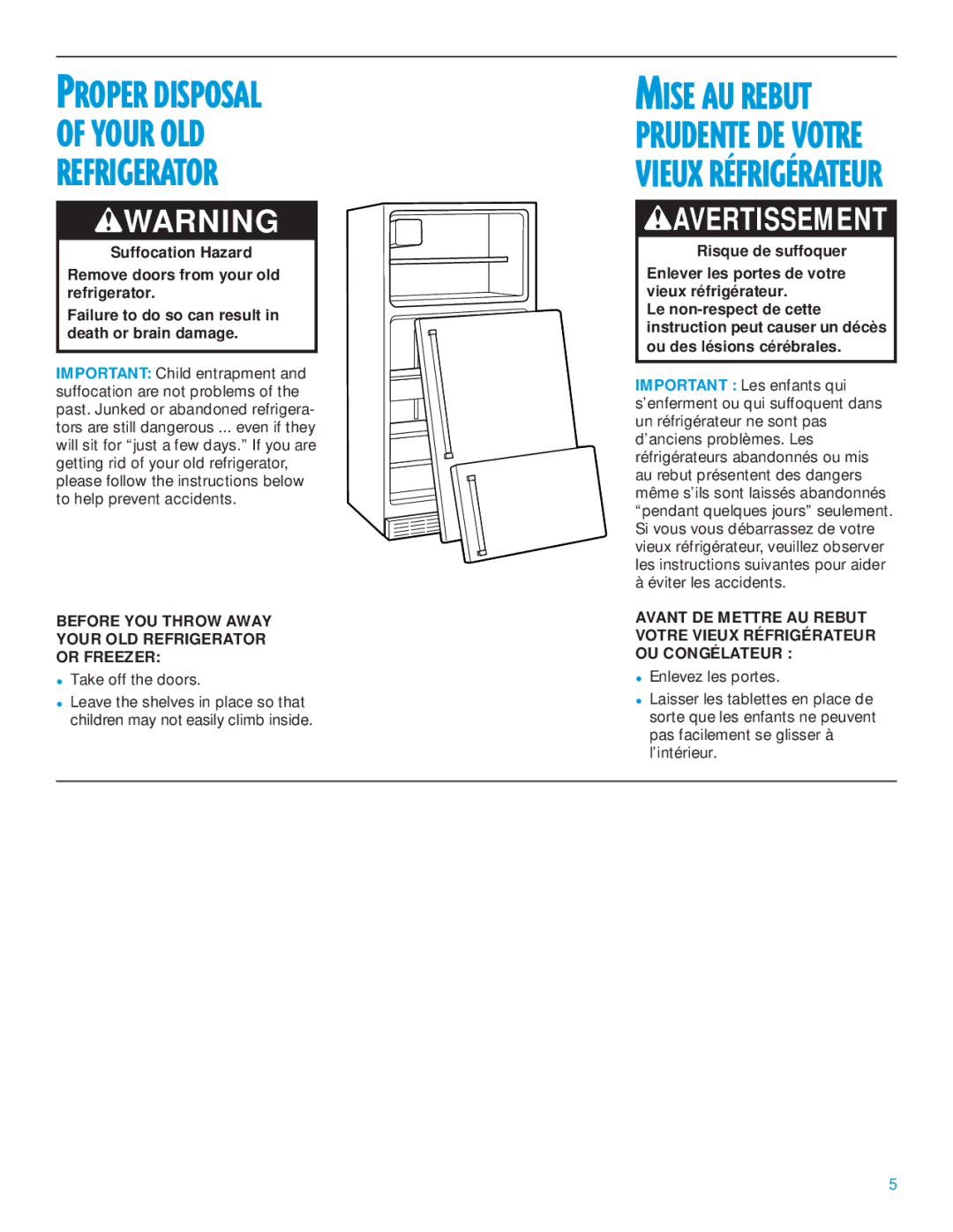 Whirlpool 2195385 manual Wwarning, Before YOU Throw Away Your OLD Refrigerator or Freezer 