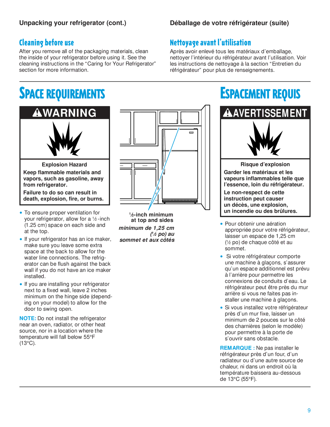 Whirlpool 2195385 manual Cleaning before use, Nettoyage avant lÕutilisation, Unpacking your refrigerator 