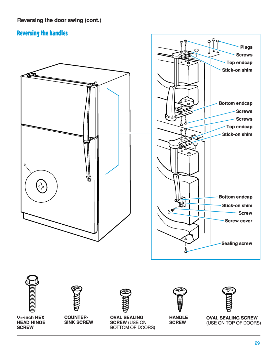 Whirlpool 2195385 Reversing the handles, Reversing the door swing cont, Screw cover Sealing screw, 5⁄ 16-inch HEX, Counter 