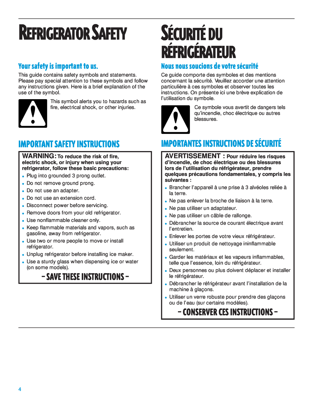 Whirlpool 2195385 manual SƒCURITƒ DU, RƒFRIGƒRATEUR, Refrigerator Safety, Your safety is important to us 