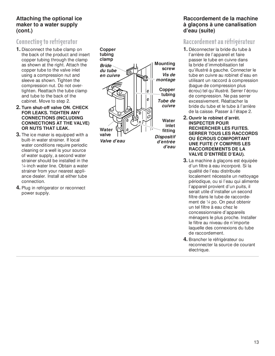 Whirlpool 2199009 manual Copper tubing clamp, Water valve, Mounting screw, Water inlet fitting, Ouvrir le robinet d’arrêt 