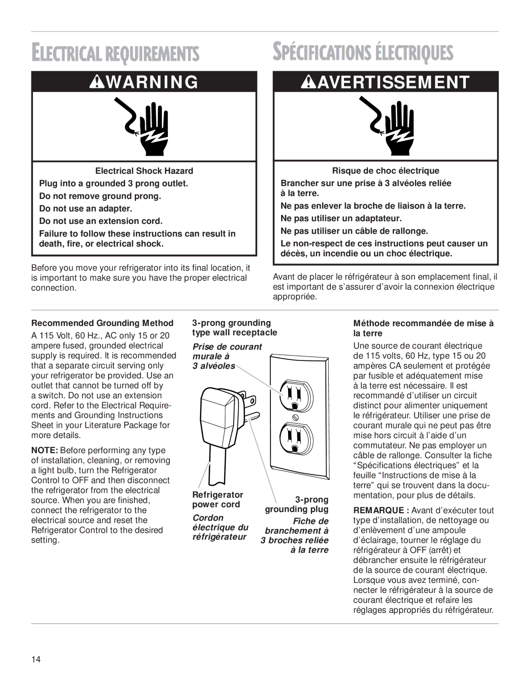 Whirlpool 2199009 manual Recommended Grounding Method, Prong grounding type wall receptacle 