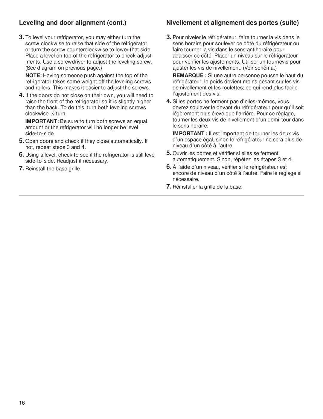 Whirlpool 2199009 manual Leveling and door alignment, Nivellement et alignement des portes suite 