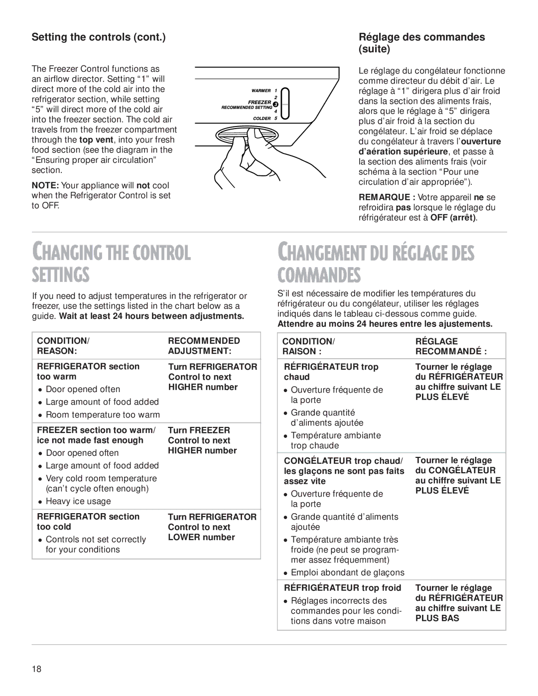 Whirlpool 2199009 manual Settings, Setting the controls, Réglage des commandes suite 