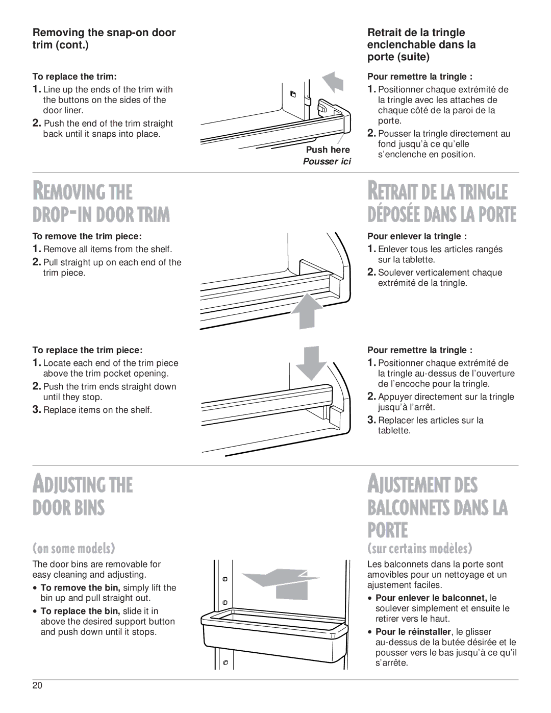 Whirlpool 2199009 manual Adjusting Door Bins, On some models, Sur certains modles, Removing the snap-on door trim 