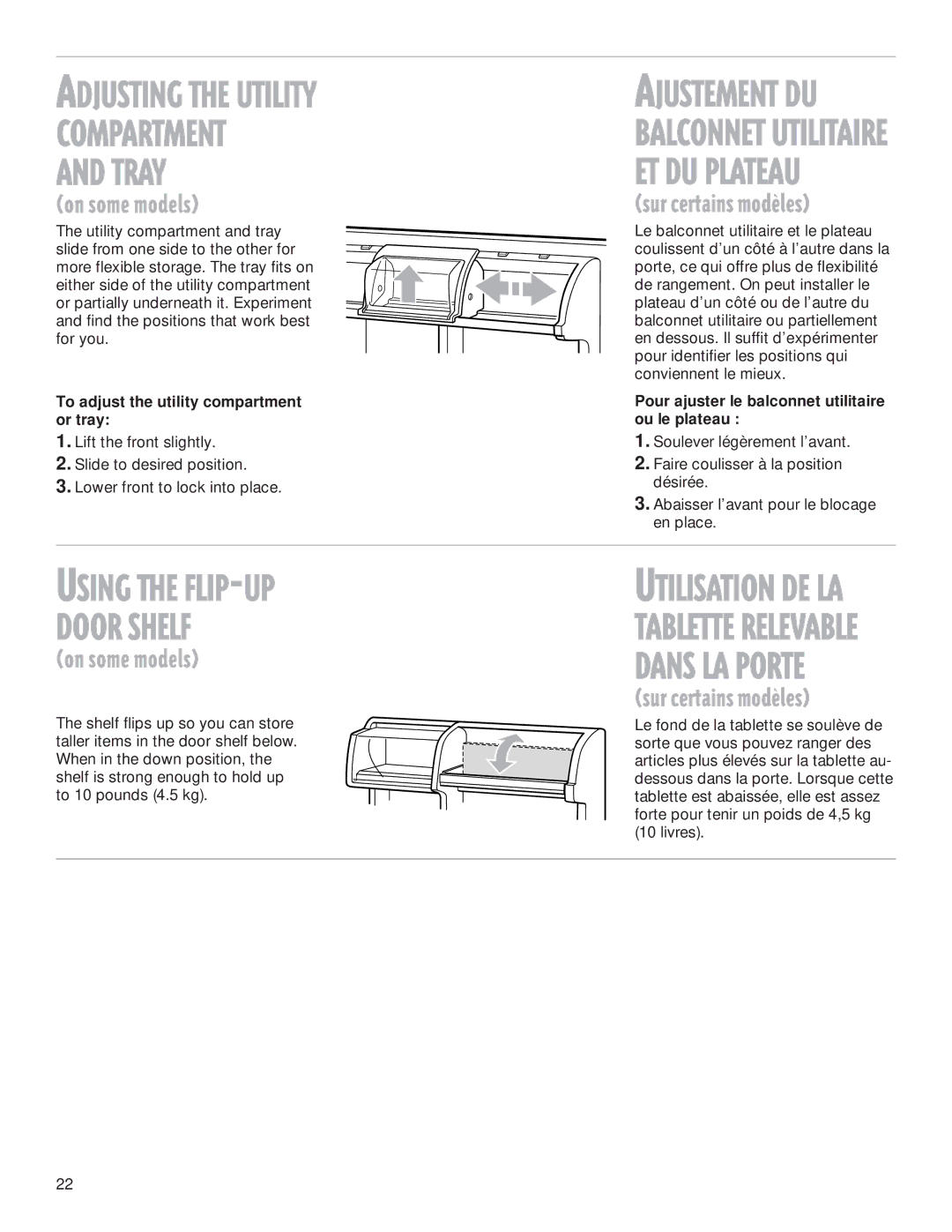 Whirlpool 2199009 manual Tray, Pour ajuster le balconnet utilitaire ou le plateau 