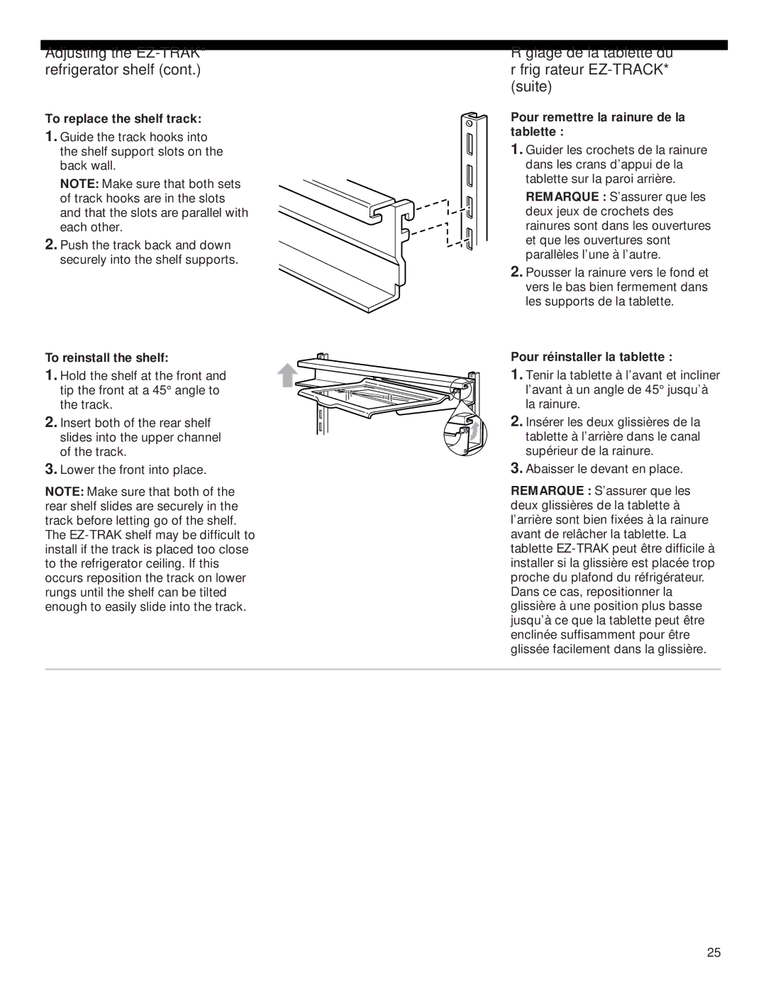 Whirlpool 2199009 manual Adjusting the EZ-TRAK* refrigerator shelf, Réglage de la tablette du réfrigérateur EZ-TRACK* suite 