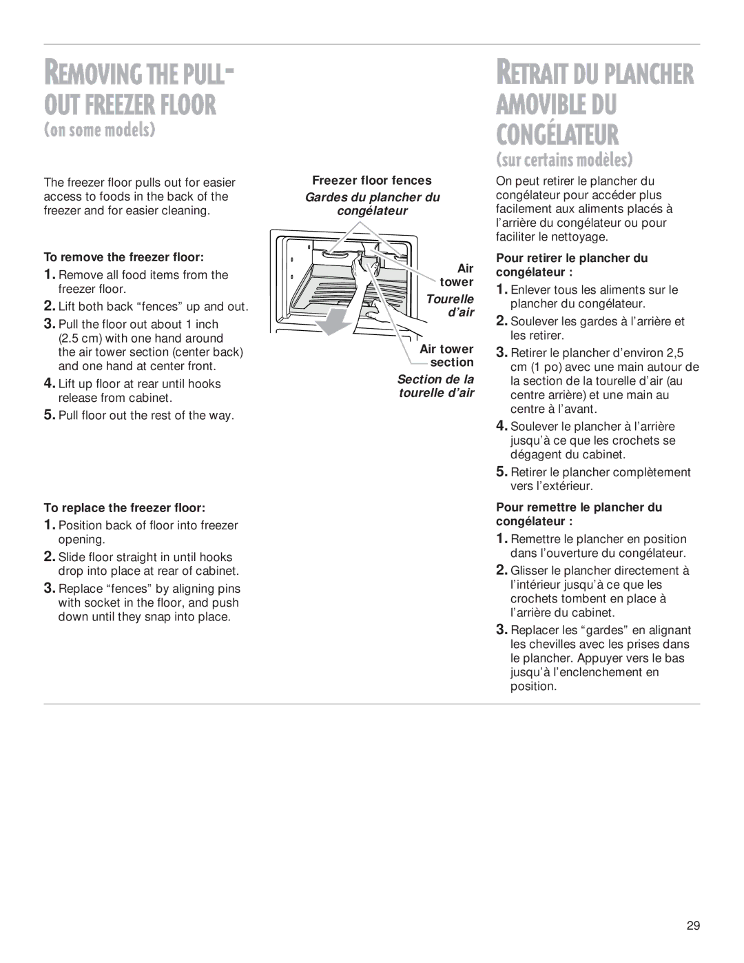 Whirlpool 2199009 manual To remove the freezer floor, To replace the freezer floor, Freezer floor fences, Air tower 