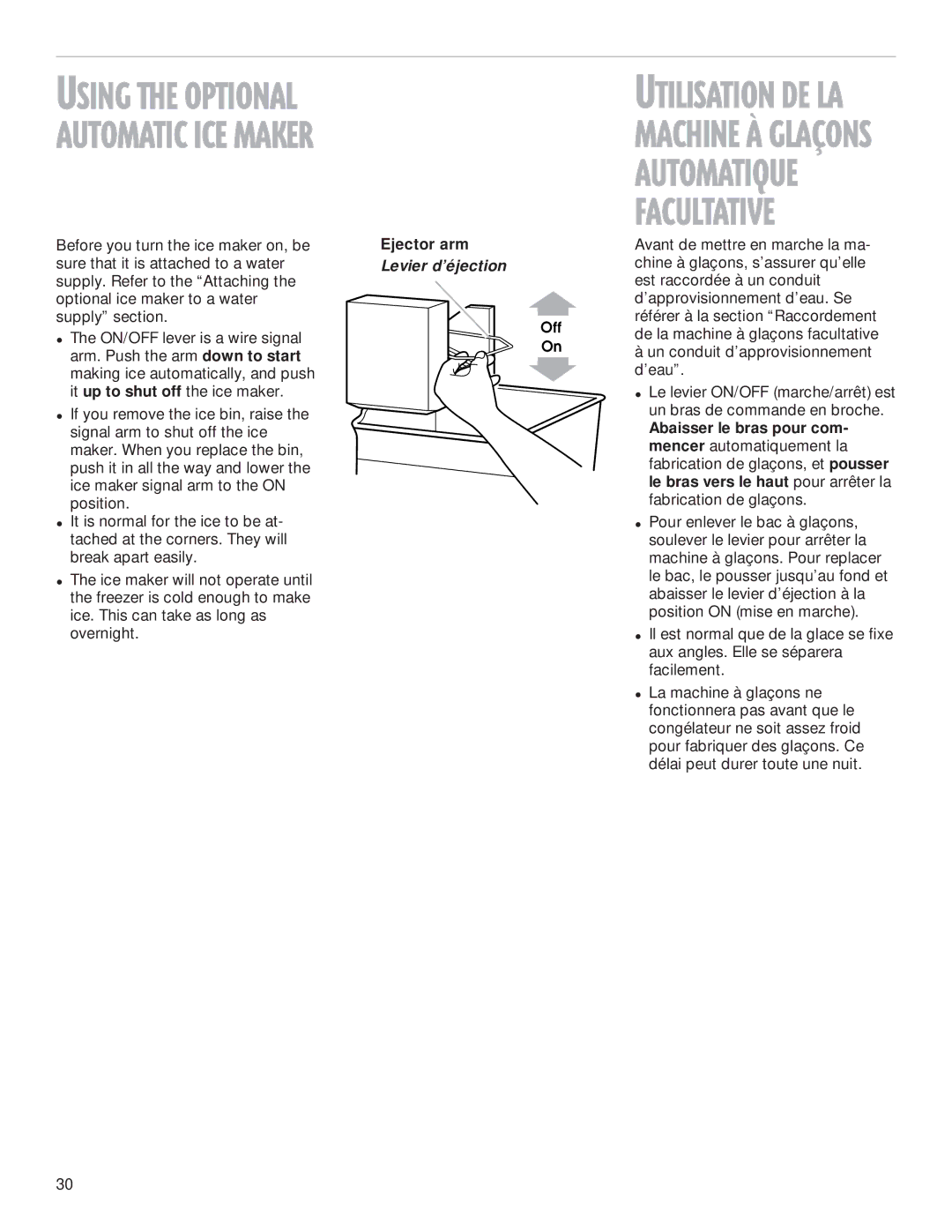 Whirlpool 2199009 manual Using the Optional Automatic ICE Maker, Ejector arm 