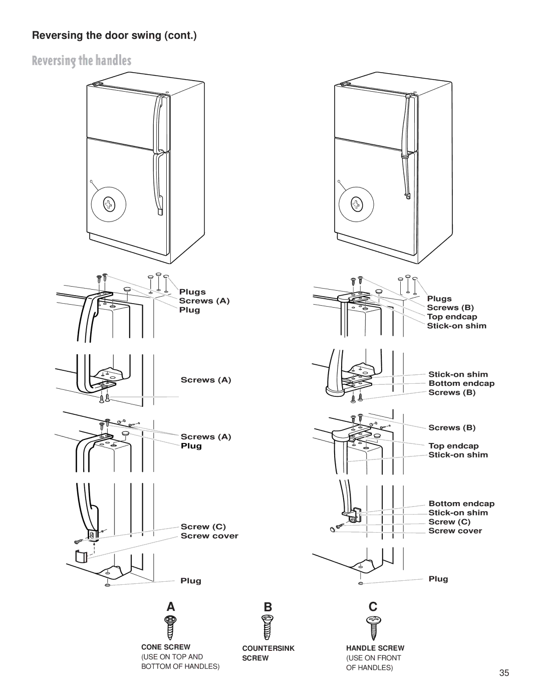 Whirlpool 2199009 manual Reversing the handles, Reversing the door swing 