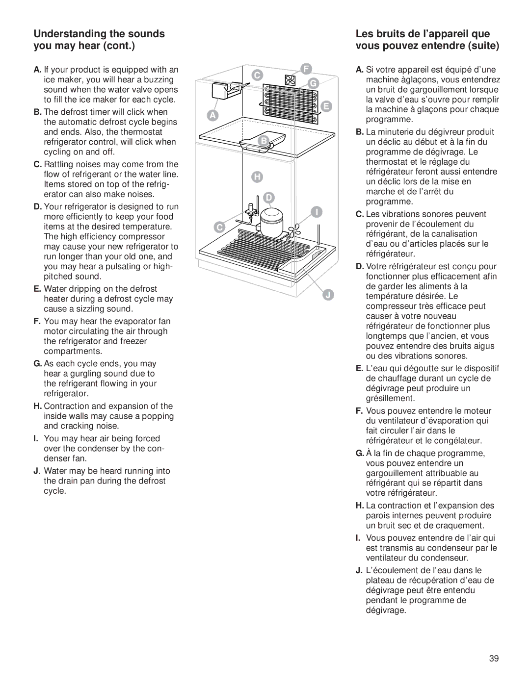 Whirlpool 2199009 manual Understanding the sounds you may hear, Les bruits de l’appareil que, Vous pouvez entendre suite 