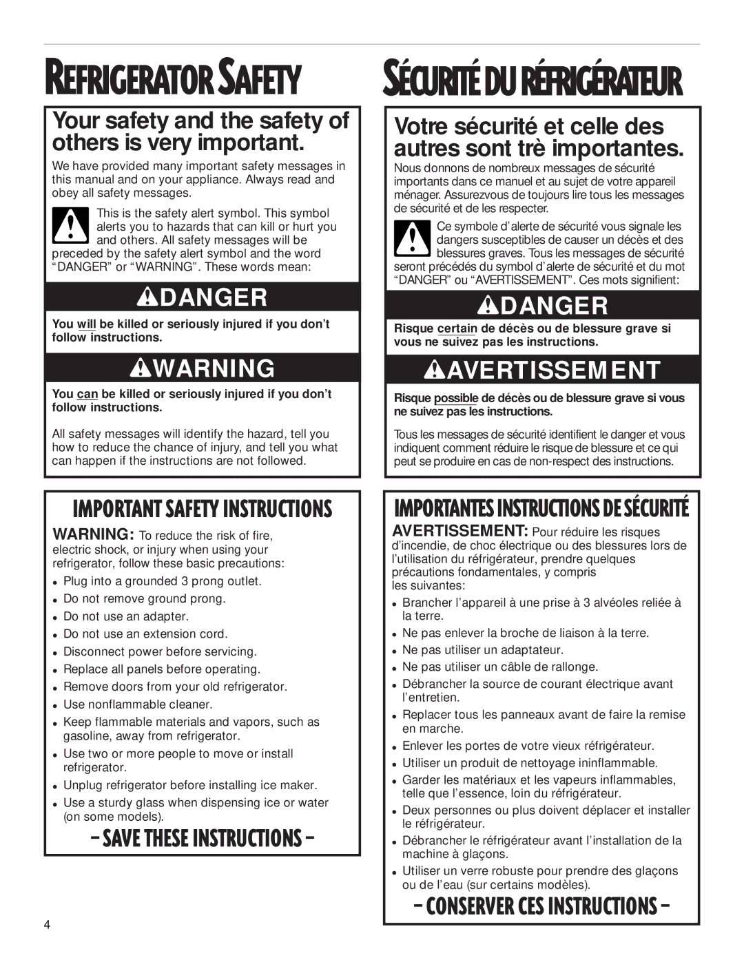 Whirlpool 2199009 manual Refrigerator Safety 