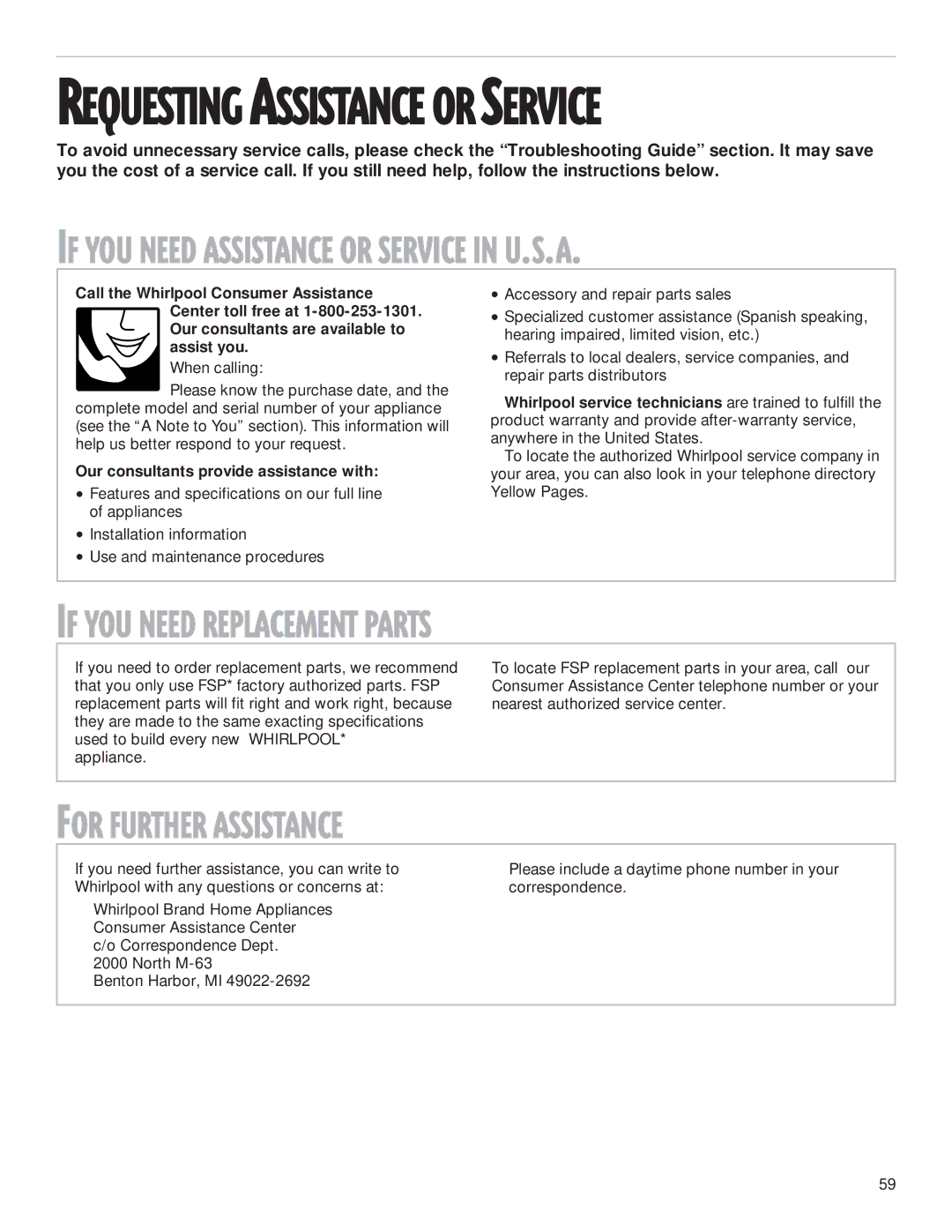 Whirlpool 2199009 manual If YOU Need Replacement Parts, For Further Assistance, Our consultants provide assistance with 