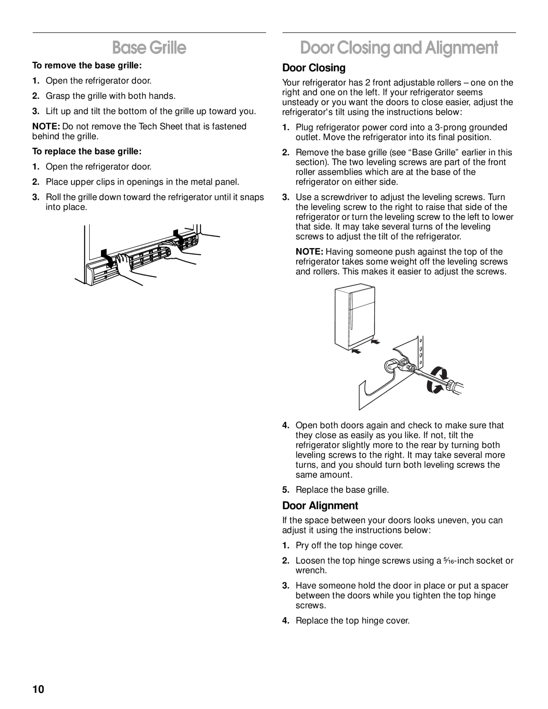 Whirlpool 2199011 manual Base Grille, Door Closing and Alignment, Door Alignment 