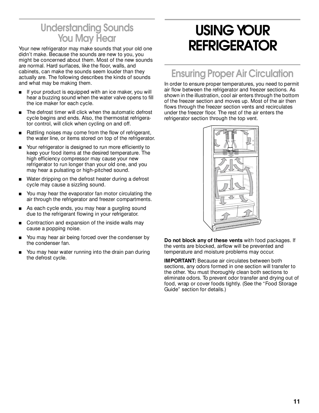 Whirlpool 2199011 manual Using Your Refrigerator, Understanding Sounds You May Hear, Ensuring Proper Air Circulation 