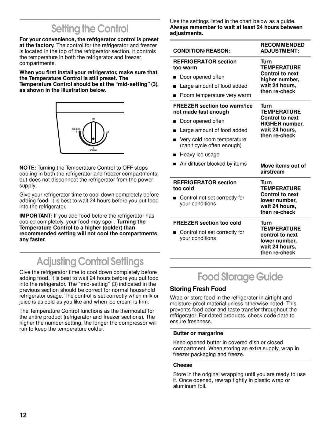 Whirlpool 2199011 manual Setting the Control, Adjusting Control Settings, Food Storage Guide, Storing Fresh Food 