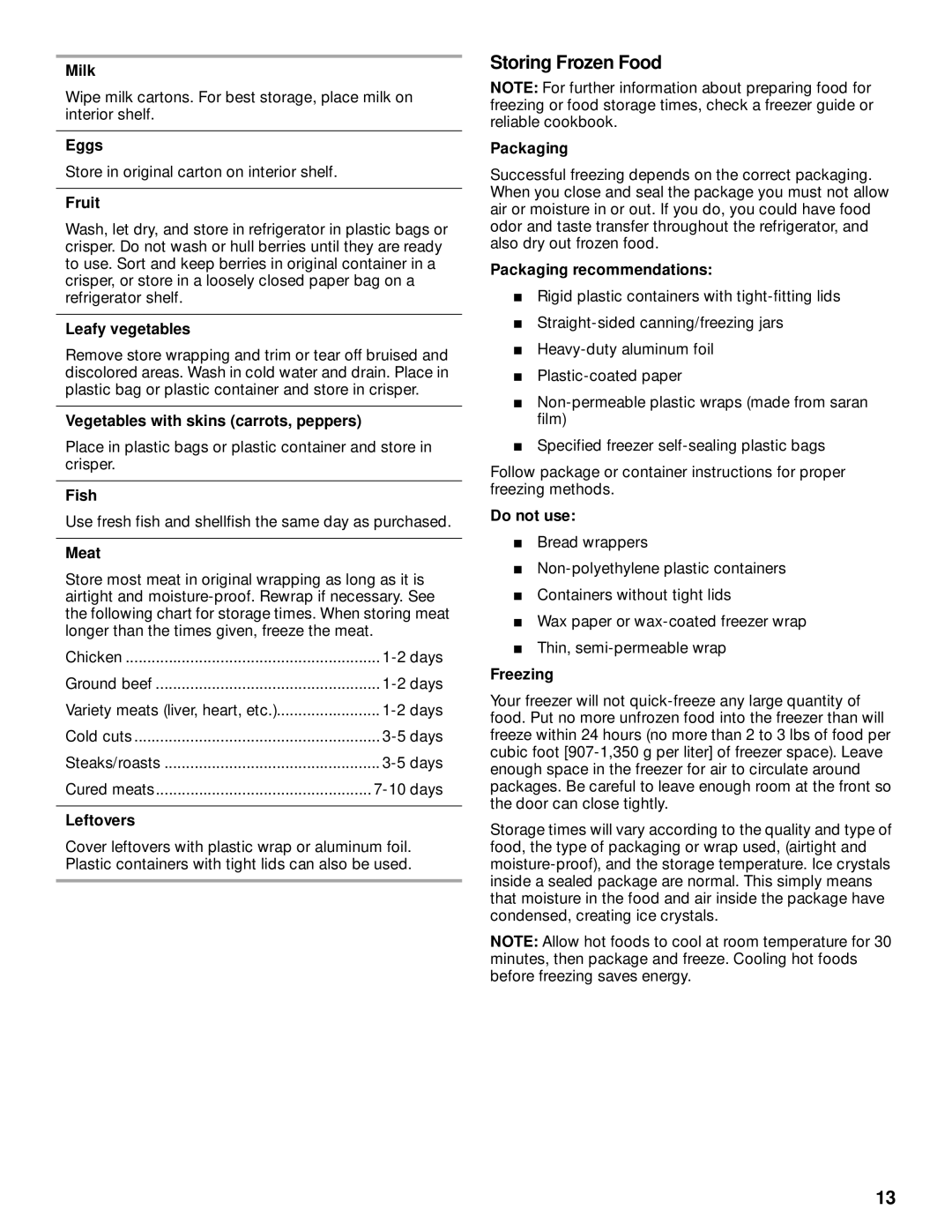 Whirlpool 2199011 manual Storing Frozen Food 