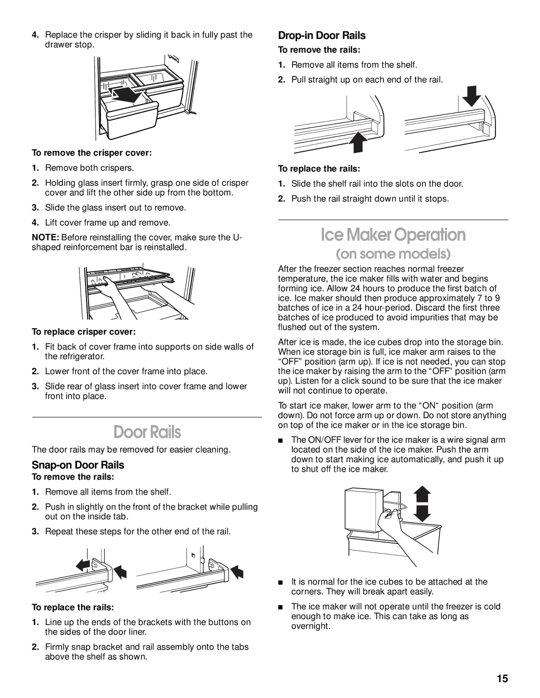 Whirlpool 2199011 manual Ice Maker Operation, Snap-on Door Rails, Drop-in Door Rails 