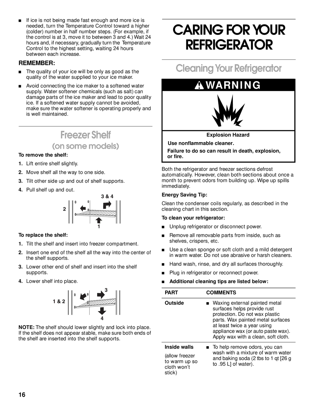 Whirlpool 2199011 manual Caring for Your Refrigerator, Freezer Shelf, Cleaning Your Refrigerator 