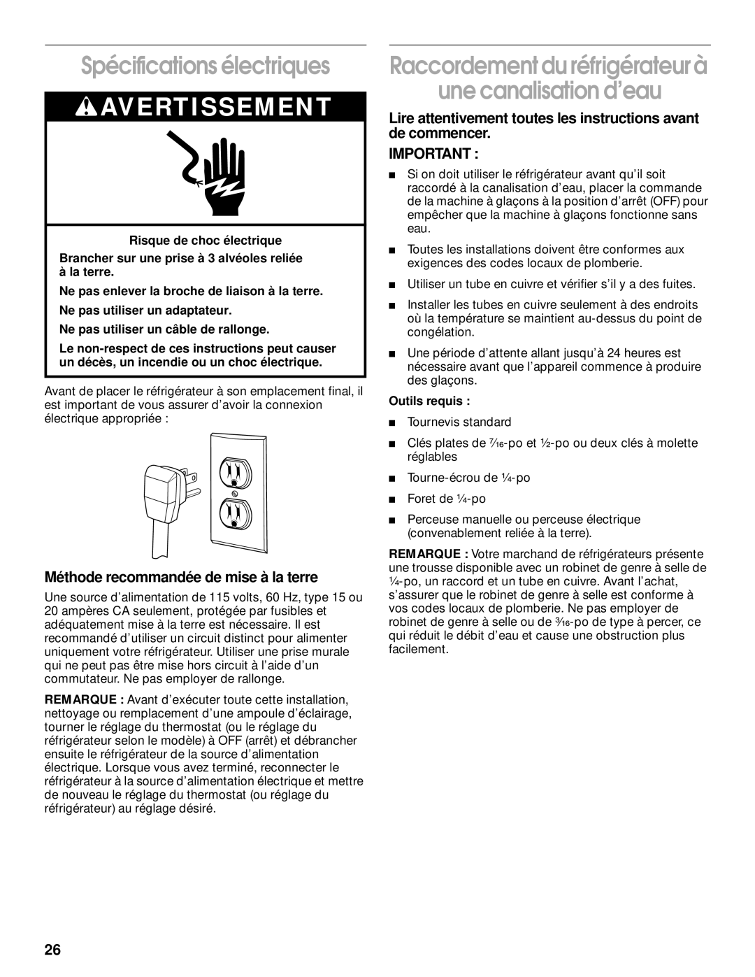 Whirlpool 2199011 manual Spécifications électriques, Méthode recommandée de mise à la terre, Outils requis 