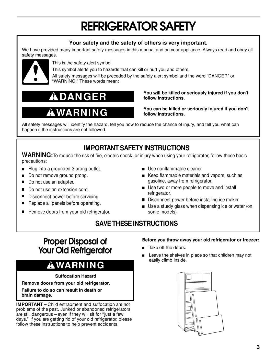 Whirlpool 2199011 manual Refrigerator Safety, Your safety and the safety of others is very important 