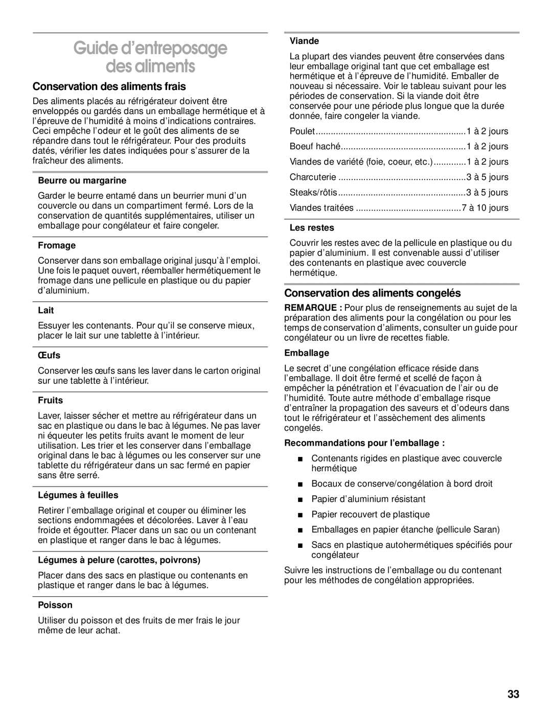 Whirlpool 2199011 Guide d’entreposage Des aliments, Conservation des aliments frais, Conservation des aliments congelés 