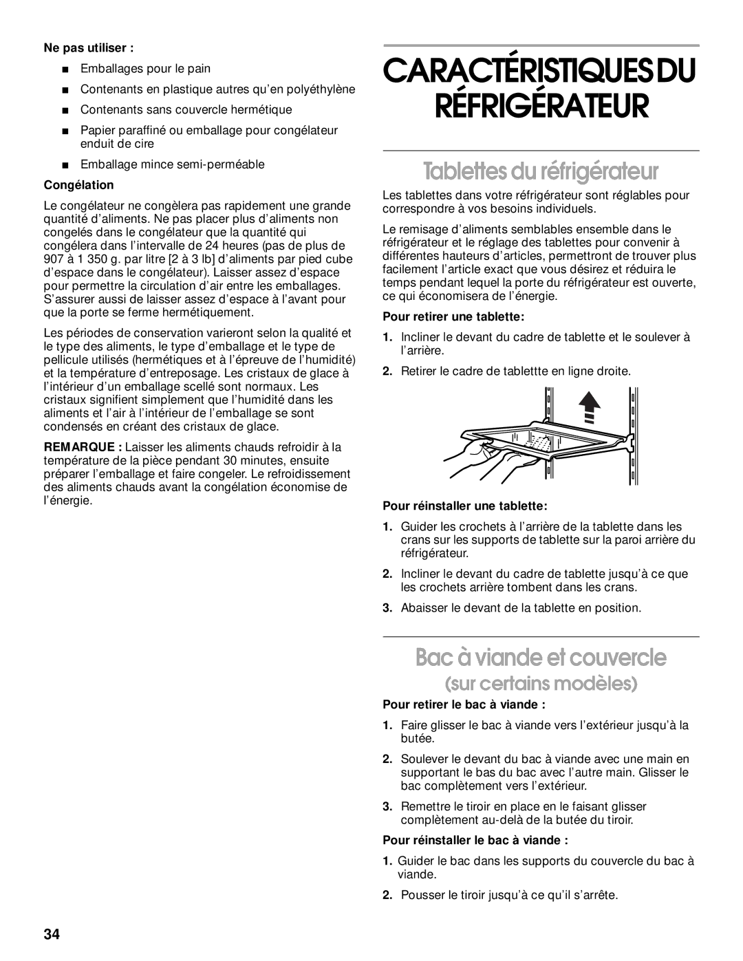 Whirlpool 2199011 manual Tablettes du réfrigérateur, Bac à viande et couvercle 